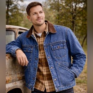 GAP Sherpa Lined Denim Trucker‎ Jacket Men's M Leather Collar Dark Wash Cowboy